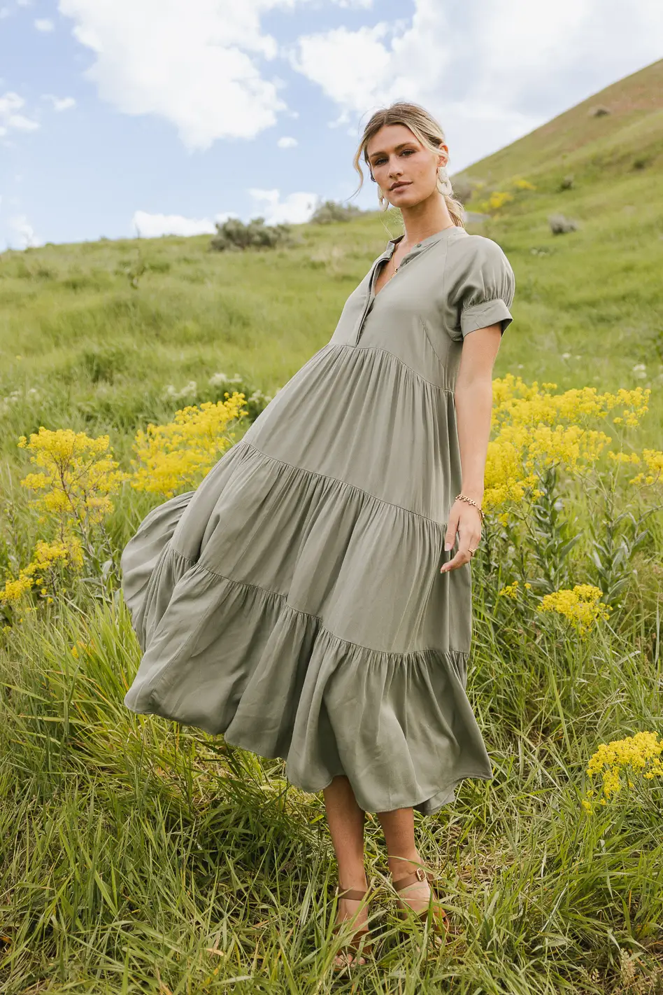 Amanda Tiered Dress in Sage - Image 3